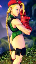 Rule 34 | 1girl, 3d, absurdres, antenna hair, ass, bare shoulders, blonde hair, blue eyes, braid, breasts, cammy white, clenched hand, covered navel, curvy, gloves, grass, green leotard, hat, highleg, highleg leotard, highres, huge ass, leotard, lips, long hair, looking to the side, medium breasts, red gloves, red hat, ryona, screencap, shiny clothes, solo, street fighter, street fighter v, thighs, third-party edit, thong leotard, twin braids, very long hair, wide hips