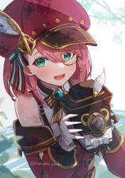 Rule 34 | 1girl, :d, aqua eyes, bare shoulders, brooch, cabbie hat, camera, charlotte (genshin impact), commentary request, detached sleeves, genshin impact, gloves, hat, highres, holding, holding camera, jewelry, long sleeves, looking at viewer, monocle, nanamo yado, open mouth, pink hair, red hat, short hair, simple background, smile, solo, upper body, white background, white gloves