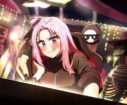 Rule 34 | 1girl, black jacket, black nails, blush, chair, ddolbang, death-sensei (mori calliope), gaming chair, highres, holding, holding stylus, hololive, hololive english, jacket, long hair, looking at viewer, mori calliope, nail polish, red eyes, skeleton, stylus, swivel chair, virtual youtuber, zipper, zipper pull tab