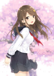 Rule 34 | 1girl, :d, arms behind back, blurry, blush, braid, breasts, brown eyes, brown hair, cherry blossoms, depth of field, floating hair, flower, from side, hair flower, hair ornament, hairclip, interlocked fingers, kani biimu, long hair, long sleeves, looking at viewer, medium breasts, neckerchief, open mouth, osananajimi no yamabuki-san, outdoors, own hands clasped, own hands together, red neckerchief, school uniform, serafuku, side braid, sidelocks, smile, solo, yellow flower
