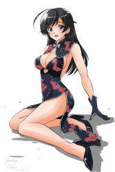 Rule 34 | 1girl, ahoge, alternate costume, arm support, artist name, black dress, black eyes, black footwear, black hair, boots, breasts, china dress, chinese clothes, cleavage, cleavage cutout, clothing cutout, commentary request, dated, dress, full body, girls und panzer, heart, high heel boots, high heels, isuzu hana, leaf print, legs, long dress, long hair, looking at viewer, matsui yasutsugu, medium breasts, one-hour drawing challenge, open mouth, partial commentary, print dress, shadow, side slit, signature, sitting, sleeveless, sleeveless dress, smile, solo, white background, yokozuwari