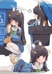 Rule 34 | !, !!, 1girl, ^^^, ahoge, animal, animal ears, animal on lap, binoculars, black hair, blouse, blue archive, blue serafuku, blue shirt, blue skirt, blunt bangs, closed mouth, commentary, embarrassed, fake animal ears, flashlight, footprints, from side, green neckerchief, halo, headset, highres, hime cut, holding, holding animal, holding binoculars, in container, leaf, leaf on head, long hair, looking at viewer, lying, miyu (blue archive), multiple views, neckerchief, on lap, on stomach, open mouth, paid reward available, pantyhose, parted lips, petting, pkpkpppk, pleated skirt, rabbit ears, raised eyebrows, sailor collar, school uniform, serafuku, shadow, shirt, shoes, simple background, skirt, sneakers, speech bubble, squatting, tearing up, trash can, under skirt, weasel, white background, white footwear, white pantyhose, white sailor collar