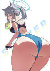 Rule 34 | 1girl, absurdres, animal ears, ass, ass focus, blue archive, breasts, commentary, competition swimsuit, cross hair ornament, cup, drinking, english commentary, extra ears, green eyes, grey hair, hael, hair ornament, halo, highres, holding, holding cup, large breasts, looking at viewer, looking back, low ponytail, multicolored clothes, multicolored swimsuit, off shoulder, official alternate costume, one-piece swimsuit, ponytail, shiroko (blue archive), shiroko (swimsuit) (blue archive), short hair, solo, swimsuit, two-tone swimsuit, wolf ears