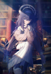 Rule 34 | 1girl, absurdres, black hair, black pantyhose, black undershirt, blue archive, blurry, blurry background, book, book stack, bookshelf, brown cardigan, cardigan, chair, crossed bangs, depth of field, drawdream1025, eyewear strap, glasses, hair between eyes, hair ribbon, hairband, halo, hand up, highres, holding, holding book, indoors, jewelry, library, light particles, light rays, long hair, long skirt, long sleeves, looking at viewer, low twintails, neckerchief, hugging object, off shoulder, on chair, open mouth, pantyhose, parted lips, pleated skirt, purple eyes, purple hairband, purple neckerchief, purple ribbon, ribbon, sailor collar, school uniform, serafuku, shirt, sidelocks, sitting, skirt, sleeves past wrists, slippers, smile, solo, sunlight, twintails, ui (blue archive), very long hair, white sailor collar, white serafuku, white shirt, white skirt