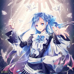 Rule 34 | 1boy, alba alfurira, androgynous, angel, back bow, conductor baton, black coat, blue bow, blue bowtie, blue eyes, blue hair, bow, bowtie, coat, dairoku ryouhei, diagonal bangs, earrings, falling feathers, feathers, frilled shirt, frilled sleeves, frills, gradient hair, hair bow, half updo, hands up, holding, holding wand, jewelry, kawa k3, layered sleeves, light particles, light rays, lips, long hair, long sleeves, looking at viewer, male focus, multicolored hair, multiple rings, nail polish, outstretched arm, parted lips, pink hair, red nails, ring, sash, shirt, single earring, solo, spirit, spotlight, star-shaped pupils, star (symbol), star earrings, symbol-shaped pupils, upper body, v-shaped eyebrows, wand, white bow, white feathers, white sash