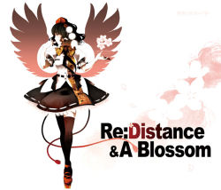 Rule 34 | 1girl, black hair, black thighhighs, bow, cherry blossoms, cover, expressionless, flower, frills, geta, hat, looking away, mochinue, petals, pom pom (clothes), profile, puffy sleeves, red eyes, shameimaru aya, shirt, short hair, short sleeves, simple background, skirt, solo, string, tengu-geta, text focus, thighhighs, tokin hat, touhou, white background, wings, zettai ryouiki