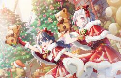 2girls :d blue_eyes blue_hair bow bowtie capelet christmas_tree closed_mouth colored_inner_hair dark_blue_hair diagonal_bangs dollchestra fur-trimmed_capelet fur_trim game_cg gift grey_hair hair_bow hat highres holding holding_stuffed_toy leaning_forward link!_like!_love_live! long_hair looking_ahead looking_at_viewer love_live! low_twintails multicolored_hair multiple_girls murano_sayaka official_art open_mouth outdoors outstretched_arm pantyhose phone_booth red_bow red_bowtie red_capelet red_eyes red_hair red_hat red_skirt ribbed_shirt santa_hat secret_christmas_(love_live!) shirt short_hair skirt smile snowflake_print stairs streaked_hair stuffed_animal stuffed_toy teddy_bear teeth third-party_source twintails upper_teeth_only virtual_youtuber white_pantyhose yugiri_tsuzuri