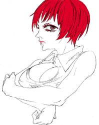 Rule 34 | 1girl, breasts, brown eyes, galerians, large breasts, looking at viewer, lowres, red hair, rita (galerians), short hair, simple background, solo, white background