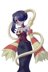 Rule 34 | 1girl, blue hair, blue skin, breasts, cleavage, colored skin, detached collar, detached sleeves, female focus, hair over one eye, highres, leviathan (skullgirls), red eyes, skull, skullgirls, squigly (skullgirls), stitched mouth, stitches, striped, striped sleeves, tanakalma, zombie