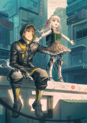Rule 34 | 1boy, 1girl, :d, backpack, bag, baseball cap, black gloves, blonde hair, blue eyes, brown eyes, brown hair, building, cable, cigarette, cyberpunk, dress, frilled dress, frills, gloves, hair ribbon, hand on another&#039;s back, happy, hat, highres, hood, hood up, hooded jacket, jacket, kurageso, mechanical parts, open mouth, original, prosthesis, prosthetic leg, ribbon, scenery, shoes, sign, sitting, smile, sneakers, standing, tube