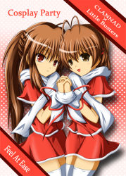 Rule 34 | 00s, 2girls, antenna hair, brown eyes, brown hair, christmas, clannad, company connection, crossover, furukawa nagisa, holding hands, ion (artist), key (company), little busters!, long hair, multiple girls, natsume rin, ponytail, red eyes, santa costume, scarf, short hair, thighhighs