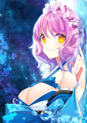 Rule 34 | 1girl, blush, breasts, cherry blossoms, cleavage, detached sleeves, female focus, flower, hair flower, hair ornament, highres, japanese clothes, large breasts, pink hair, roh nam kyung, saigyouji yuyuko, short hair, smile, solo, touhou, water, yellow eyes