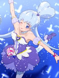 Rule 34 | 10s, 1girl, alternate form, alternate hairstyle, bare shoulders, blue background, blue eyes, blue hair, brooch, choker, cure princess, cure princess (sherbet ballet), hair bun, happinesscharge precure!, heart, heart brooch, heart hair bun, jewelry, lips, magical girl, matching hair/eyes, one eye closed, outstretched arms, pantyhose, precure, shirayuki hime, skirt, solo, thighhighs, tj-type1, twintails, wing brooch, wink