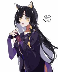 Rule 34 | 1girl, absurdres, animal ears, arknights, black hair, cowboy shot, dog ears, elbow gloves, facial mark, fingerless gloves, forehead mark, gloves, hands up, haobuguniao, highres, japanese clothes, kimono, long hair, looking at viewer, open mouth, purple gloves, purple kimono, saga (arknights), simple background, solo, spoken food, white background, yellow eyes
