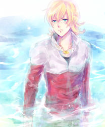 Rule 34 | 10s, 1boy, aqua eyes, bad id, bad pixiv id, barnaby brooks jr., blonde hair, blue eyes, glasses, green eyes, highres, jacket, jewelry, male focus, necklace, outlaw, red jacket, solo, tiger &amp; bunny, unabara misumi, water