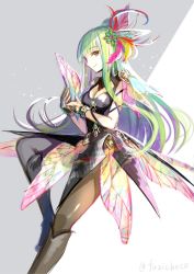 Rule 34 | 1girl, armor, boots, bravely default: flying fairy, bravely default (series), breasts, bridal gauntlets, choker, cleavage, dress, fuzichoco, gradient hair, green hair, hair ornament, highres, jewelry, long hair, md5 mismatch, medium breasts, mephilia venus, multicolored hair, pantyhose, resized, shoulder armor, solo, very long hair