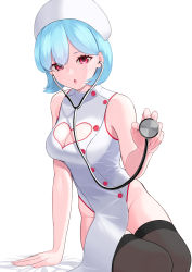 Rule 34 | 1girl, blue hair, breasts, california dream, cleavage, cleavage cutout, clothing cutout, dress, hat, heart, highres, looking at viewer, medium breasts, mole, mole under mouth, nurse, nurse cap, original, parted lips, pelvic curtain, red eyes, short hair, simple background, sitting, sleeveless, sleeveless dress, solo, stethoscope, thighhighs, white background, yokozuwari