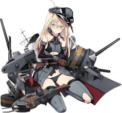 Rule 34 | 10s, 1girl, ahoge, ankle boots, bare shoulders, bismarck (kancolle), bismarck drei (kancolle), black panties, blonde hair, blue eyes, blush, body blush, boots, breasts, brown gloves, damaged, detached sleeves, frown, full body, gloves, grey thighhighs, hat, kantai collection, long hair, long sleeves, looking away, machinery, military, military uniform, navel, official art, panties, peaked cap, shimada fumikane, sideboob, sitting, solo, thighhighs, torn clothes, torn hat, torn thighhighs, transparent background, turret, underboob, underwear, uniform