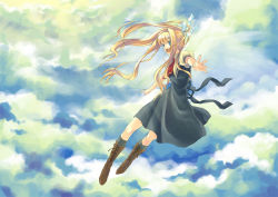 Rule 34 | 00s, 1girl, air (visual novel), bad id, bad pixiv id, blonde hair, blue eyes, boots, cloud, hair ribbon, kamio misuzu, long hair, open mouth, outstretched arms, ponytail, ribbon, school uniform, sky, solo, spread arms, yone f15