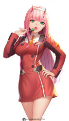 Rule 34 | 1girl, bare legs, breasts, candy, commission, darling in the franxx, eyeliner, food, green eyes, hairband, hand on own hip, holding, holding food, horns, jurrig, lollipop, long hair, looking at viewer, makeup, medium breasts, military, military uniform, oni horns, open mouth, pink hair, red horns, solo, thighs, tongue, uniform, white hairband, zero two (darling in the franxx)