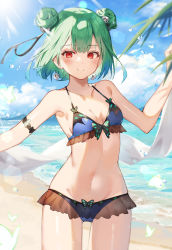 Rule 34 | 1girl, absurdres, armband, beach, bikini, bikini skirt, black ribbon, blue bikini, blue hair, blush, breasts, bug, butterfly, closed mouth, cloud, cloudy sky, collarbone, commentary, cowboy shot, day, double bun, earrings, floating hair, gradient hair, green hair, groin, hair bun, hair ornament, hair ribbon, halterneck, highres, holding, hololive, huge filesize, insect, jewelry, leaf, lens flare, looking at viewer, mountain, multicolored hair, navel, ocean, outdoors, red eyes, ribbon, see-through, shiny skin, short hair, skull earrings, skull hair ornament, sky, small breasts, smile, solo, standing, stomach, sunlight, swimsuit, taht (that is mm), uruha rushia, virtual youtuber, water drop, wind