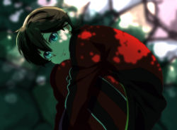 Rule 34 | 10s, 1boy, black hair, blue eyes, blurry, brown hair, closed mouth, dappled sunlight, depth of field, earrings, from side, fumiko (mesushi), hair between eyes, horikawa kunihiro, jacket, jewelry, long sleeves, looking at viewer, male focus, nature, pants, plant, red jacket, red pants, shade, smile, solo, squatting, sunlight, touken ranbu, track jacket, track pants, track suit