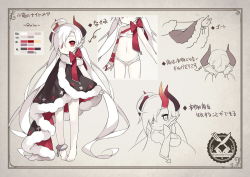 Rule 34 | 1girl, absurdly long hair, bow, character sheet, color guide, commentary request, gradient background, horns, long hair, looking at viewer, multiple views, original, pixiv fantasia, pixiv fantasia t, red eyes, red rulu (saru), rulu (saru), saru, smile, very long hair, white hair