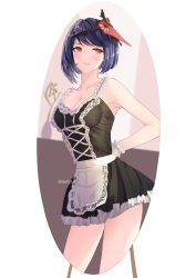 Rule 34 | 1girl, absurdres, alternate costume, apron, arms behind back, bare shoulders, black dress, black hair, breasts, cleavage, derlyt, dress, enmaided, genshin impact, highres, kujou sara, looking at viewer, maid, maid apron, mask, short hair, simple background, smile, solo, tengu mask, white background, yellow eyes