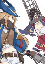 Rule 34 | 2girls, antique firearm, ark royal (azur lane), azur lane, belt, belt buckle, belt pouch, black hair, blonde hair, bloodborne, breasts, buckle, cleavage, commentary, crossover, english commentary, female pervert, firearm, gun, hair over one eye, hat, highres, holding, holding gun, holding weapon, hunter (azur lane), jacket, marshall k, mensis cage, midriff, midriff peek, multiple girls, name connection, navel, pervert, pouch, scarf, short shorts, shorts, sweatdrop, tricorne, weapon