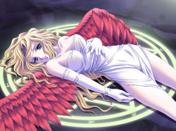 Rule 34 | 1girl, angel wings, blonde hair, breasts, dress, elbow gloves, ena roseo, feathered wings, gloves, green eyes, large breasts, lying, magic circle, red wings, white dress, white gloves, wings