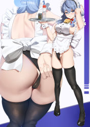 Rule 34 | 1girl, absurdres, ako (blue archive), alternate costume, apron, armpits, arms up, ass, back, bell, black panties, black thighhighs, blue archive, blue eyes, blue hair, blush, breasts, cameltoe, cleft of venus, condom box, enmaided, frilled apron, frills, from behind, full body, hair between eyes, highres, large breasts, leaning forward, long hair, looking at viewer, lube, maid, maid apron, maid headdress, multiple views, neck bell, paid reward available, panties, panty pull, pulled by self, ramanda, sideboob, skindentation, thighhighs, tray, underwear, white apron, wrist cuffs
