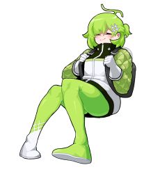 Rule 34 | 1girl, absurdres, backpack, bag, blush, boots, closed eyes, closed mouth, commentary, facing viewer, full body, gloves, green footwear, green hair, green pantyhose, hair between eyes, hair ornament, hashtag hair ornament, highres, holding strap, jacket, long sleeves, min lona, original, pantyhose, puffy long sleeves, puffy sleeves, short eyebrows, simple background, smile, solo, symbol-only commentary, thick eyebrows, white background, white gloves, white jacket