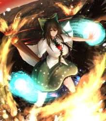 Rule 34 | 1girl, arm cannon, black hair, bow, breasts, closed mouth, commentary request, danmaku, dress shirt, fire, frilled skirt, frills, green bow, green skirt, hair bow, highres, large breasts, long hair, looking at viewer, minami koyogi, puffy short sleeves, puffy sleeves, red eyes, reiuji utsuho, serious, shirt, short sleeves, skirt, solo, third eye, touhou, weapon, white shirt
