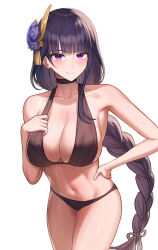 Rule 34 | 1girl, absurdres, alternate costume, armpits, bare arms, bare shoulders, bikini, black bikini, black choker, black hair, braid, breasts, choker, cleavage, closed mouth, cowboy shot, genshin impact, hair ornament, halterneck, hand on own hip, hand on own chest, hand up, highres, large breasts, long hair, looking at viewer, navel, purple eyes, raiden shogun, simple background, single braid, smile, solo, standing, stomach, swimsuit, thighs, very long hair, white background, yareen