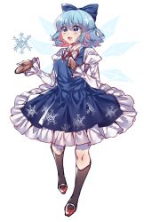 Rule 34 | 1girl, absurdres, adapted costume, alternate hair color, black socks, blue dress, blue eyes, blue hair, blush, bow, braid, cirno, dark jewel (gem oblivion), dress, full body, hair bow, hand on own chest, highres, ice, ice wings, juliet sleeves, light blush, long sleeves, mittens, multicolored hair, neck ribbon, pink hair, puffy sleeves, red footwear, ribbon, short hair, simple background, snowflake print, snowflakes, socks, solo, touhou, two-tone hair, white background, wings