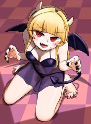 Rule 34 | 1girl, barefoot, blonde hair, blush, breasts, cleavage, demon girl, fake horns, feet, highres, horns, long hair, looking at viewer, nail polish, open mouth, original, red eyes, see-through, solo, tail, toes, wings, yuzu gin (pika97)