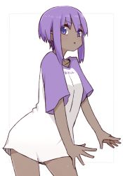 Rule 34 | 1girl, blush, clothes writing, collarbone, dark-skinned female, dark skin, fate/prototype, fate/prototype: fragments of blue and silver, fate (series), grey background, hair between eyes, hassan of serenity (fate), i.u.y, looking at viewer, parted lips, purple eyes, purple hair, shirt, short sleeves, sidelocks, solo, translation request, two-tone background, white background, white shirt