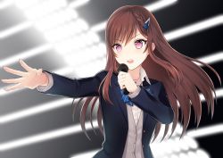 Rule 34 | 1girl, black jacket, blurry, blurry background, brown hair, caopy123, cocoa music, doumyouji cocoa, dress shirt, floating hair, hair ornament, hairclip, holding, holding microphone, jacket, long hair, microphone, music, open clothes, open jacket, open mouth, outstretched arm, purple eyes, shirt, singing, solo, upper body, very long hair, virtual youtuber, white shirt