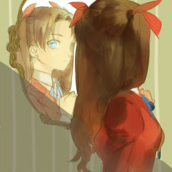 Rule 34 | 1girl, blue eyes, brown hair, dress, fate/stay night, fate/zero, fate (series), hair ribbon, long hair, mirror, puffy sleeves, reflection, rei (sanbonzakura), ribbon, tohsaka rin, twintails, two side up, aged down