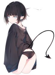 Rule 34 | 1girl, ass, black hair, black panties, black shirt, blue eyes, commentary request, demon tail, from behind, highres, looking at viewer, original, otokuyou, panties, pointy ears, shirt, short hair, sidelocks, simple background, sleeves past fingers, sleeves past wrists, solo, tail, underwear, white background