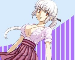 Rule 34 | 00s, breasts, cleavage, large breasts, long hair, lowres, open clothes, open shirt, ponytail, red eyes, shirt, solo, tsubomi fujiko, white hair, aged down, zettai karen children