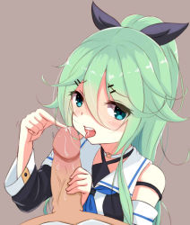 Rule 34 | 10s, 1girl, bad id, bad pixiv id, blush, detached sleeves, fellatio, green eyes, green hair, hair between eyes, kantai collection, kyo1996329, long hair, looking at viewer, oral, out of frame, penis, pov, solo focus, tongue, tongue out, uncensored, yamakaze (kancolle)