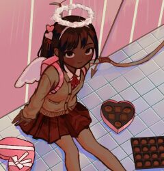 Rule 34 | 1girl, backpack, bag, bow (weapon), box, box of chocolates, brown hair, cardigan, chocolate, dark-skinned female, dark skin, fake halo, from above, halo, io (onisarashi), looking at viewer, original, pantyhose, pleated skirt, school uniform, sitting, skirt, smile, solo, weapon, winged bag