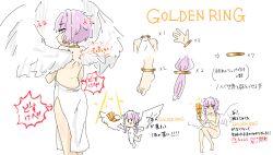 Rule 34 | 1girl, absurdres, angel, angel wings, anklet, blush, character sheet, commentary, completely nude, covering privates, covering breasts, dress, embarrassed, english text, floating, floating object, from behind, gold bracelet, gold choker, highres, horn (instrument), jewelry, light purple hair, looking at viewer, looking back, multiple views, nude, pelvic curtain, pink eyes, short hair with long locks, simple background, sketch, sleeveless, sleeveless dress, sparkle, tobi (kite221212), translation request, vocaloid, voiceroid, wavy mouth, white background, white dress, wings, yuzuki yukari