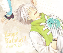 Rule 34 | 10s, bad id, bad pixiv id, clear (dramatical murder), dramatical murder, closed eyes, fingerless gloves, gloves, hand in another&#039;s hair, happy birthday, laughing, lying, mole, saned261, scarf, seragaki aoba, smile, stuffed animal, stuffed toy, watch, white hair, wristwatch