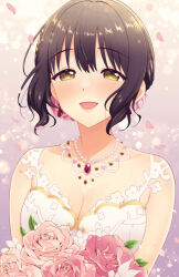 Rule 34 | 1girl, bare shoulders, bead necklace, beads, black hair, blush, bouquet, breasts, cleavage, collarbone, dot nose, dress, falling petals, flower, gradient background, holding, holding bouquet, idolmaster, idolmaster cinderella girls, idolmaster cinderella girls starlight stage, jewelry, large breasts, light particles, looking at viewer, necklace, open mouth, petals, pink flower, pink rose, purple background, red flower, red rose, rose, short hair, sleeveless, sleeveless dress, smile, solo, takafuji kako, tokita arumi, upper body, white dress, yellow eyes