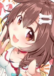 Rule 34 | 1girl, :3, :d, animal collar, animal ears, blush, bone hair ornament, braid, brown eyes, brown hair, cartoon bone, collar, dog ears, dog girl, dog tail, dress, dutch angle, fangs, hair between eyes, hair ornament, hairclip, highres, hololive, inugami korone, inugami korone (1st costume), jacket, long hair, looking at viewer, low twin braids, low twintails, nekota susumu, open mouth, pointing, portrait, red collar, smile, solo, tail, tareme, twin braids, twintails, virtual youtuber, white dress, yellow jacket