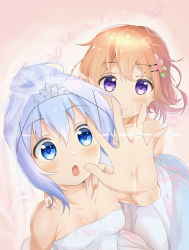 Rule 34 | 2girls, absurdres, blue eyes, blue hair, blush, breasts, bridal veil, collarbone, commentary, cross hair ornament, dress, feathers, female focus, flower, gochuumon wa usagi desu ka?, hair flower, hair ornament, hairclip, hand on another&#039;s shoulder, highres, hoto cocoa, jewelry, kafuu chino, long hair, mika miche, multiple girls, open mouth, orange hair, purple eyes, ring, short hair, simple background, small breasts, smile, surprised, tiara, veil, wedding, wedding band, wedding dress, wife and wife, yuri