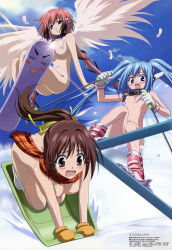 Rule 34 | 00s, 3girls, absurdres, all fours, ass, blue eyes, blue hair, blush, boots, bow, breasts, brown hair, censored, choker, cleavage, cloud, convenient censoring, day, feathers, flat chest, gloves, green eyes, hair bow, highres, ikaros, long hair, medium breasts, megami magazine, mitsuki sohara, mittens, multiple girls, naked scarf, no shoes, non-web source, nude, nymph (sora no otoshimono), oogawara haruo, open mouth, pink footwear, plaid, plaid scarf, ponytail, purple eyes, red hair, scarf, ski boots, ski pole, skiing, skis, sky, sled, small breasts, snow, snowboard, socks, sora no otoshimono, tears, twintails, underboob, very long hair, wings, winter, zenra