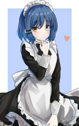 Rule 34 | 1girl, absurdres, alternate costume, apron, black bow, black bowtie, black dress, blue background, blue hair, bocchi the rock!, border, bow, bowtie, breasts, closed mouth, commentary, cowboy shot, dress, enmaided, frilled apron, frills, hair ornament, hairclip, hand up, heart, highres, humany, long sleeves, looking at viewer, maid, maid apron, maid headdress, mole, mole under eye, outside border, short hair, small breasts, solo, white apron, white border, yamada ryo, yellow eyes